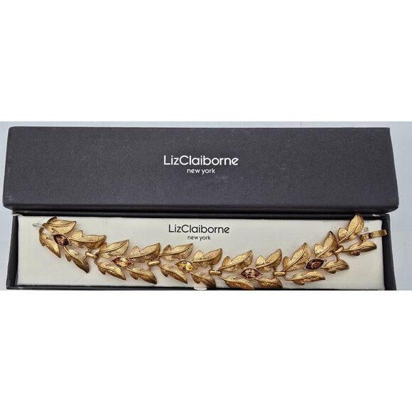 VTG Liz Claiborne Gold Tone Leaf Link Bracelet With Colored Stones - Picture 2 of 3